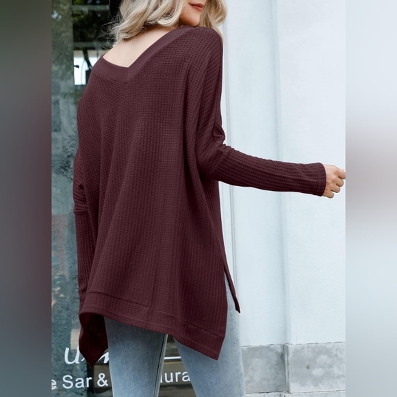 Oversized V-Neck Batwing Sleeve Waffle Knit Split Hem Tunic Maroon MSRP $39.99 - Picture 9 of 11